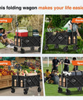Collapsible Wagon Cart With All Terrain Wheels shown in camping, gardening, shopping, and sports settings, showcasing versatility.