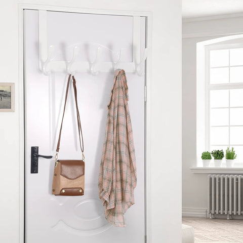 Over The Door Hook Rack With Five Double Hooks For Hanging Clothes Towels Coats And Hats Modern Door Organizer With Easy Install White Finish And Color Variants Available shown on door