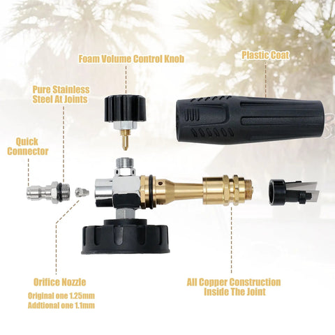 Adjustable Foam Cannon For Pressure Washer With Big Mouth Snow Foam Lance parts displayed, including steel joints and quick connector.