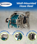 Wall Mount Hose Reel With Storage Tray Space Saving For Five Eighth Inch Vinyl Hose 175 Foot Capacity Outdoor Organizer In Dark Taupe To Keep Your Yard Neat And Hoses Easily Accessible mounted on wall with hose.