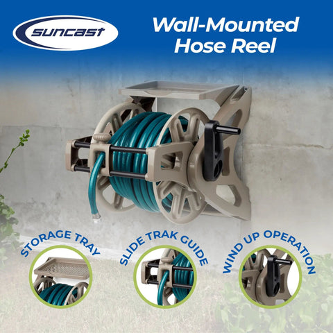 Wall Mount Hose Reel With Storage Tray Space Saving For Five Eighth Inch Vinyl Hose 175 Foot Capacity Outdoor Organizer In Dark Taupe To Keep Your Yard Neat And Hoses Easily Accessible mounted on wall with hose.