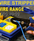 Wire stripper in use with a blue wire, shown with assorted ferrule terminals in a blue and yellow toolbox. Text displays AWG 20-10 range.
