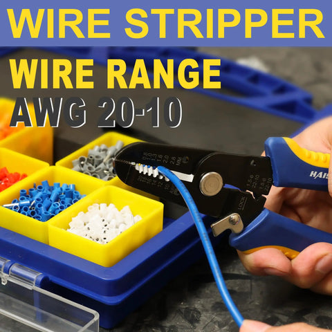 Wire stripper in use with a blue wire, shown with assorted ferrule terminals in a blue and yellow toolbox. Text displays AWG 20-10 range.