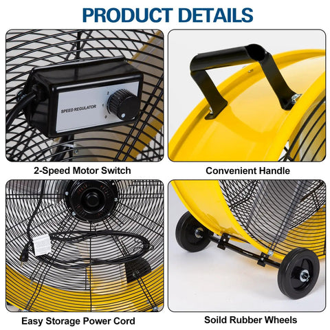 Close-up details of Beast 13000 CFM High Velocity Drum Fan, showing 2-speed motor, handle, power cord, and rubber wheels.
