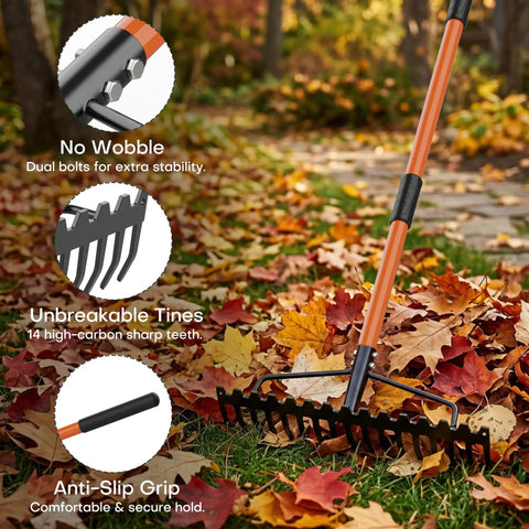 63 Inch Heavy Duty Bow Rake With 17 Tine Metal Head And Adjustable Handle For Lawn Care leaves grass cleanup