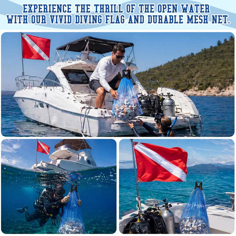 Two Pack Lobster Clam Mesh Dive Bags With Dive Flags 20 By 24 Inches in use on boat for clamming and diving adventures