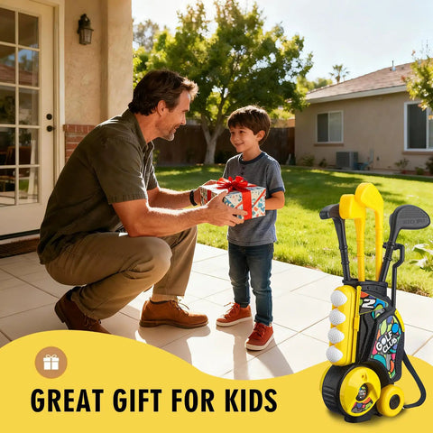 Father gifts son All-In-One Toddler Golf Set With Wheeled Cart For Indoor Outdoor Play, Kid-Friendly Design With 4 Clubs
