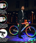 Person posing with bike equipped with Disco Bike LED Light Kit 4 Pack With 2 Wheel Lights, 1 Frame Light, 1 Headlight at night