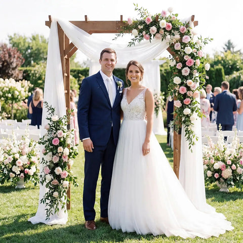 Wedding couple standing under 7 Foot Wooden Garden Arbor Trellis With Wide Arch And Strong Side Trellises For Climbing Plants.