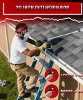 Man using 20 inch extension rod with professional airless paint sprayer on roof during painting job.