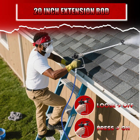 Man using 20 inch extension rod with professional airless paint sprayer on roof during painting job.