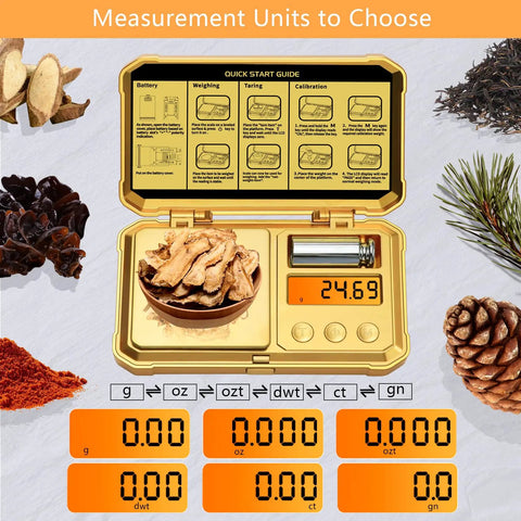 Pocket Digital Gram Scale 300g Capacity With 0.01g Precision lying open showing ginger roots, 50g calibration weight, and digital readout