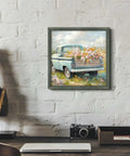 Truck Wall Art Framed 12 Inch By 12 Inch Vintage Blue Pickup Wood Painting Rustic Barn Landscape With Cozy Country Flowers For Bedroom And Living Room Decor