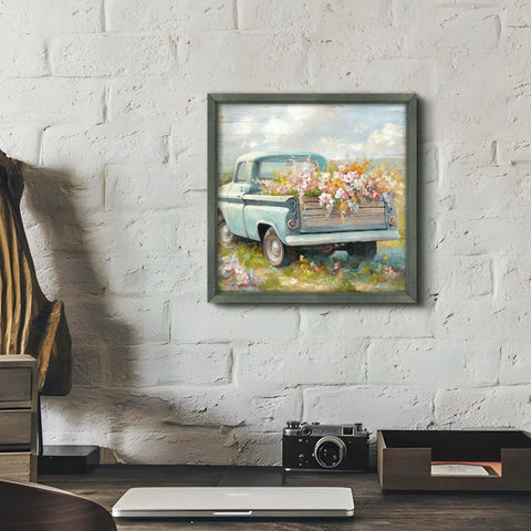 Truck Wall Art Framed 12 Inch By 12 Inch Vintage Blue Pickup Wood Painting Rustic Barn Landscape With Cozy Country Flowers For Bedroom And Living Room Decor