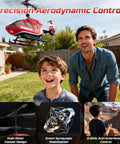 Father and son playing with Rad Rescue RC Helicopter Toy With LED Lights And Altitude Hold in backyard, helicopter in flight.