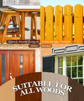 Collage of various wooden items: indoor furniture, outdoor fence, doors, and windows suitable for Red Cherry Wood Stain Water Based Matte Finish Fast Drying Formula For Indoor Outdoor Furniture And Cabinets Low Odor Non Toxic Killer Coating No Sweat Diy Job Total Hit.