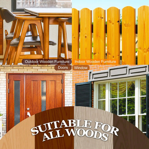 Collage of various wooden items: indoor furniture, outdoor fence, doors, and windows suitable for Red Cherry Wood Stain Water Based Matte Finish Fast Drying Formula For Indoor Outdoor Furniture And Cabinets Low Odor Non Toxic Killer Coating No Sweat Diy Job Total Hit.
