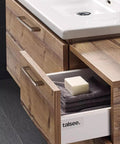 Square Drawer Pulls Two Pack Stainless Steel Cabinet Handles on wooden bathroom vanity with open drawer