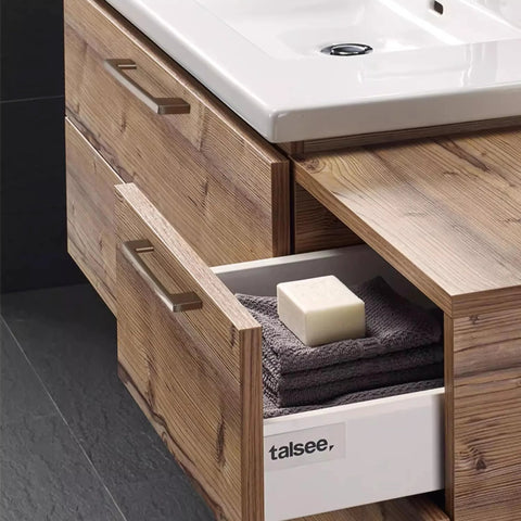 Square Drawer Pulls Two Pack Stainless Steel Cabinet Handles on wooden bathroom vanity with open drawer
