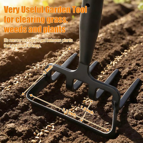 Focus on Beast Of A Heavy Duty Garden Hoe And Tiller 2 In 1 Tool with adjustable handle highlighting metal stirrup hoe in action.
