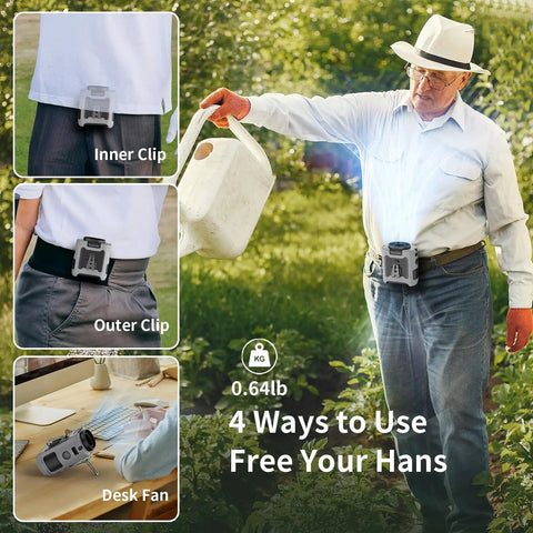 Man using 10000mAh Portable Waist Clip On Fan with 5 Speeds and Built In Flashlight, hands-free cooling while gardening