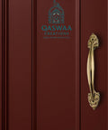 Elegant Antique Brass Cabinet Handle With Dope Ornate Vintage Leaf Design Pair Drawer And Door Pull, mounted close-up.