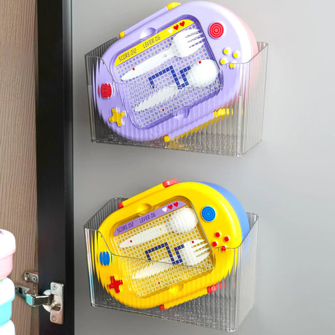 Two Pack Cabinet Door Organizer With No Fuss Adhesive Wall Mount Bins holding colorful items inside a clear storage caddy.