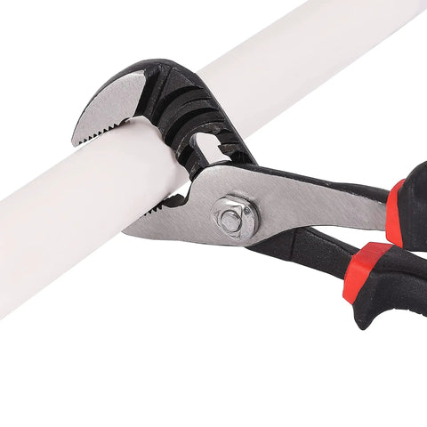 6.5 Inch Slip Joint Pliers With Groove Joint Function gripping a pipe, heavy duty steel construction, ergonomic grip