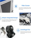 Close-up of Heavy Duty Portable Air Conditioner 18700 BTU showing filter screen and fan design for efficient cooling.