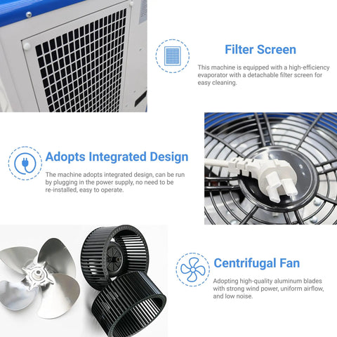 Close-up of Heavy Duty Portable Air Conditioner 18700 BTU showing filter screen and fan design for efficient cooling.