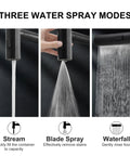 Slick Matte Black Waterfall Kitchen Faucet With Pull Down Sprayer And Matching Soap Dispenser showcasing three water spray modes.