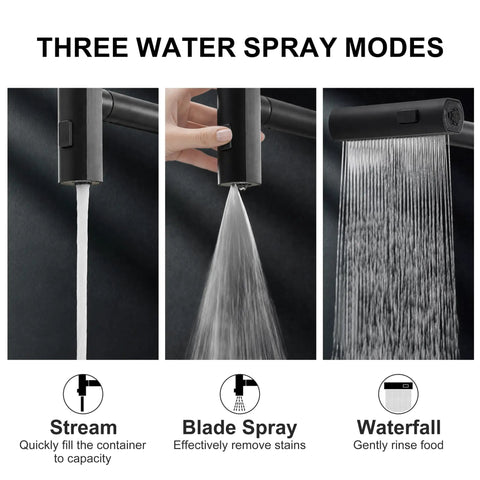 Slick Matte Black Waterfall Kitchen Faucet With Pull Down Sprayer And Matching Soap Dispenser showcasing three water spray modes.