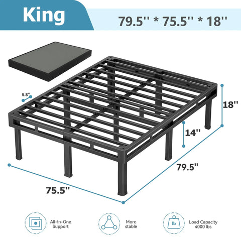 King Size Box Spring And All In One Mattress Foundation 18 Inch Steel Frame with support dimensions and load capacity details.