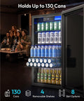 Mini Bev Fridge 130 Can Capacity Glass Door Cooler For Home Bar Office With Digital Temperature Control, shown with drinks inside