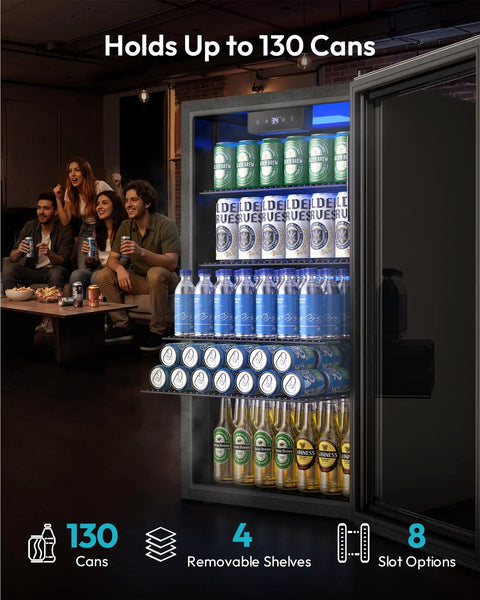 Mini Bev Fridge 130 Can Capacity Glass Door Cooler For Home Bar Office With Digital Temperature Control, shown with drinks inside