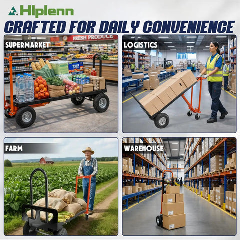 Beefy Aluminum 4 In 1 Convertible Hand Truck Dolly With Four Smooth Wheels And Heavy Duty Frame Built For No Sweat Household Moves in supermarket, farm, logistics, and warehouse settings.