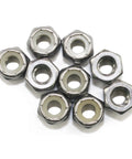 No Sweat 1/4-20 Nylon Insert Hex Lock Nuts 18-8 Stainless Steel Hardware Bulk Pack 50 Count laid out, showing solid grip and nylon insert.