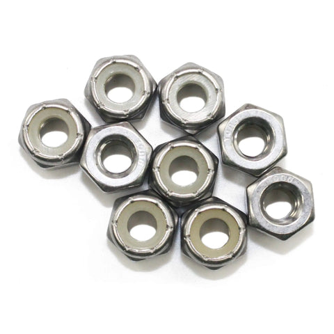 No Sweat 1/4-20 Nylon Insert Hex Lock Nuts 18-8 Stainless Steel Hardware Bulk Pack 50 Count laid out, showing solid grip and nylon insert.
