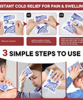 Instant cold pack usage infographic showing 3 steps to activate and apply for pain relief on shoulder, head and neck.