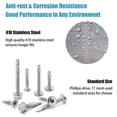 410 Stainless Steel Self Tapping Screws For Metal, Size 8 And Size 10 Self Drilling Assortment Set, corrosion resistance