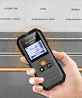 Wall Scanner And Stud Finder With Bright LCD Display For Quick Hit The Spot Accuracy Auto Calibration, handheld with screen showing measurements.
