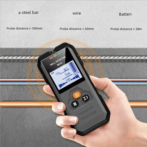 Wall Scanner And Stud Finder With Bright LCD Display For Quick Hit The Spot Accuracy Auto Calibration, handheld with screen showing measurements.
