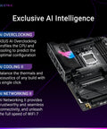 ROG Strix X870E E Gaming WiFi AMD AM5 X870 ATX Motherboard with AI Overclocking features, showcasing components and lighting