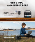 521 Portable Power Station With LiFePO4 Battery 256Wh in use with USB-C port for fast charging outdoors