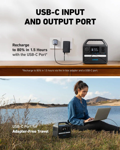 521 Portable Power Station With LiFePO4 Battery 256Wh in use with USB-C port for fast charging outdoors