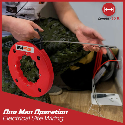 Fish Tape Wire Puller 50ft With Double Loop Tip And Built-In Thumb Lock in use for electrical wire fishing in wall, easy grip handle