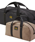 Two Pack Medium And Large Utility Tote Bags Set For Pros Pro Grade Durable Reinforced Bottom Great For Plumbers Electricians Maintenance Pros Painters And Contractors Black And Beige shown