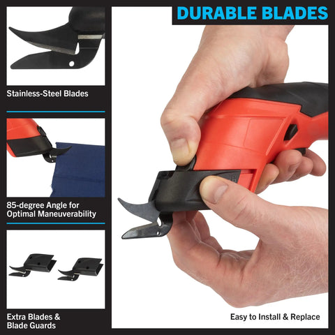 Professional Rechargeable Cordless Electric Scissors Featuring Quick Change Blades For Fabric Leather Cardboard Paper And Crafting Easy One Hand Grip Delivers Sweet Cuts Without Breaking A Sweat Glossy Red with ergonomic grip for ease of use.