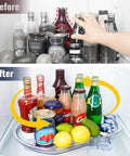 Before and after using Refrigerator Lazy Susan Turntable Organizer 16.5 By 11 By 1.85 Inches Clear Plastic Tray with drinks visible.