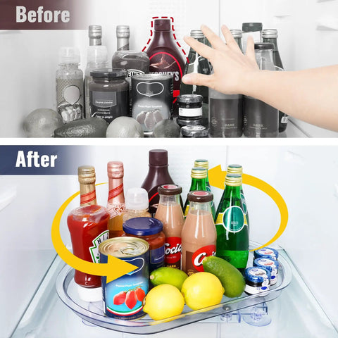 Before and after using Refrigerator Lazy Susan Turntable Organizer 16.5 By 11 By 1.85 Inches Clear Plastic Tray with drinks visible.